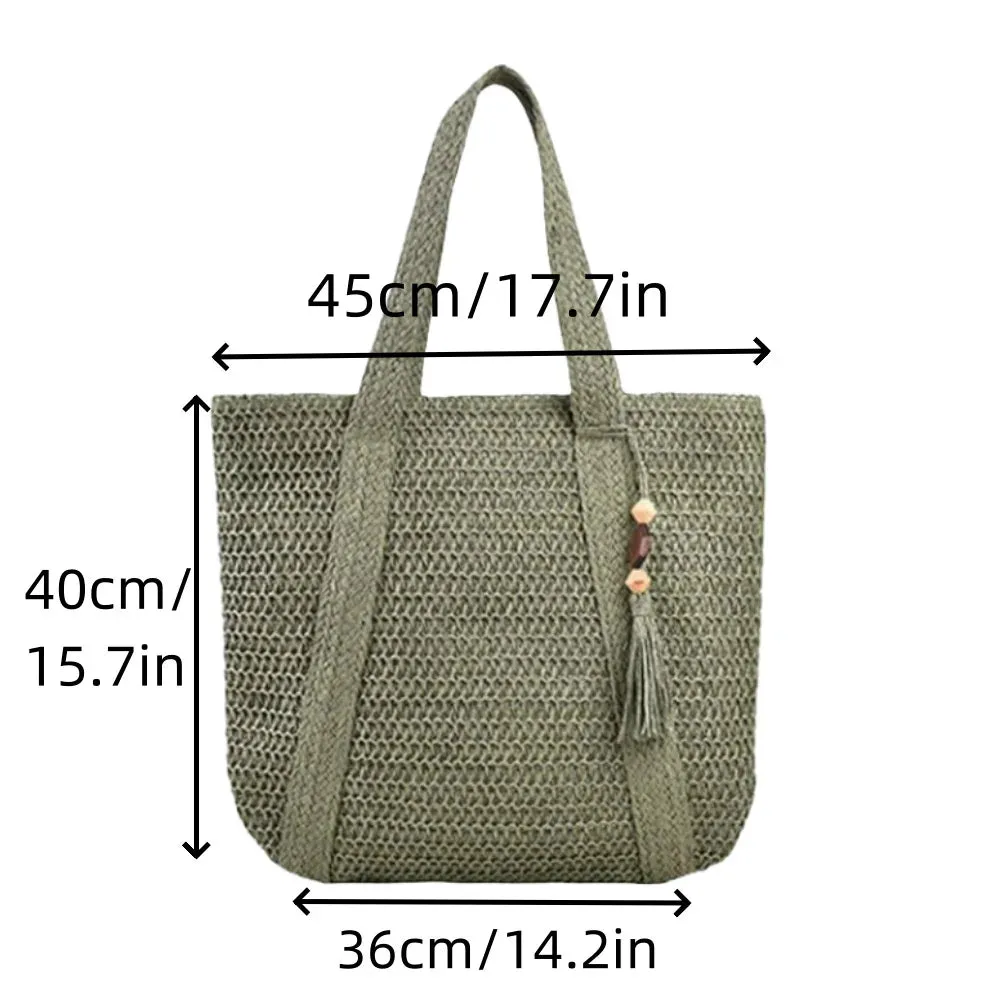 UAKISS  - 2024 Summer Woven Shoulder Bag Forest Casual Peach Wood Tassel Woven Bag Fashion Beach Large Capacity Grass Woven Handbag