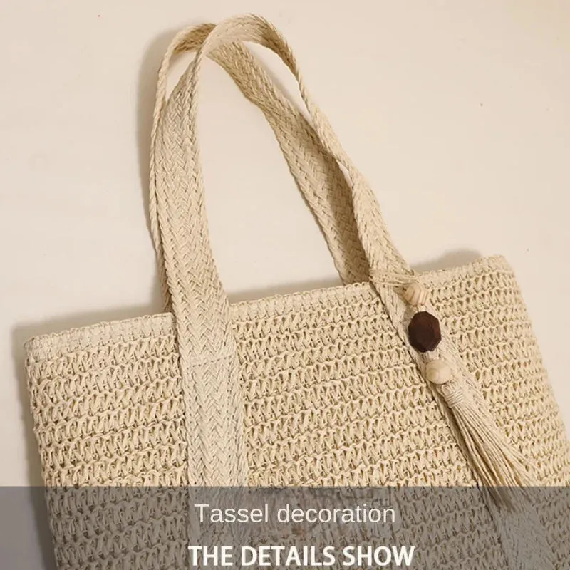 UAKISS  - 2024 Summer Woven Shoulder Bag Forest Casual Peach Wood Tassel Woven Bag Fashion Beach Large Capacity Grass Woven Handbag