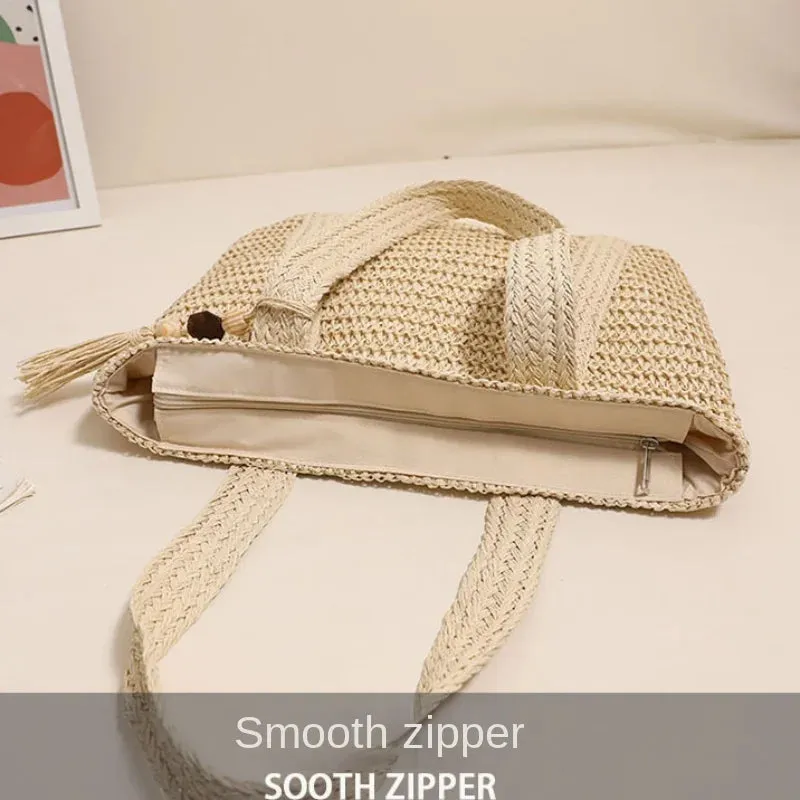 UAKISS  - 2024 Summer Woven Shoulder Bag Forest Casual Peach Wood Tassel Woven Bag Fashion Beach Large Capacity Grass Woven Handbag