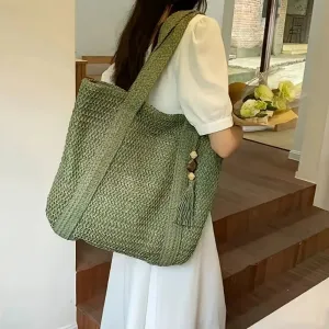 UAKISS  - 2024 Summer Woven Shoulder Bag Forest Casual Peach Wood Tassel Woven Bag Fashion Beach Large Capacity Grass Woven Handbag