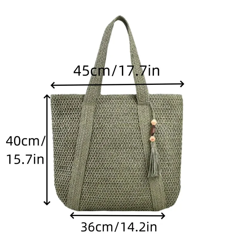 UAKISS  - 2024 Summer Woven Shoulder Bag Forest Casual Peach Wood Tassel Woven Bag Fashion Beach Large Capacity Grass Woven Handbag