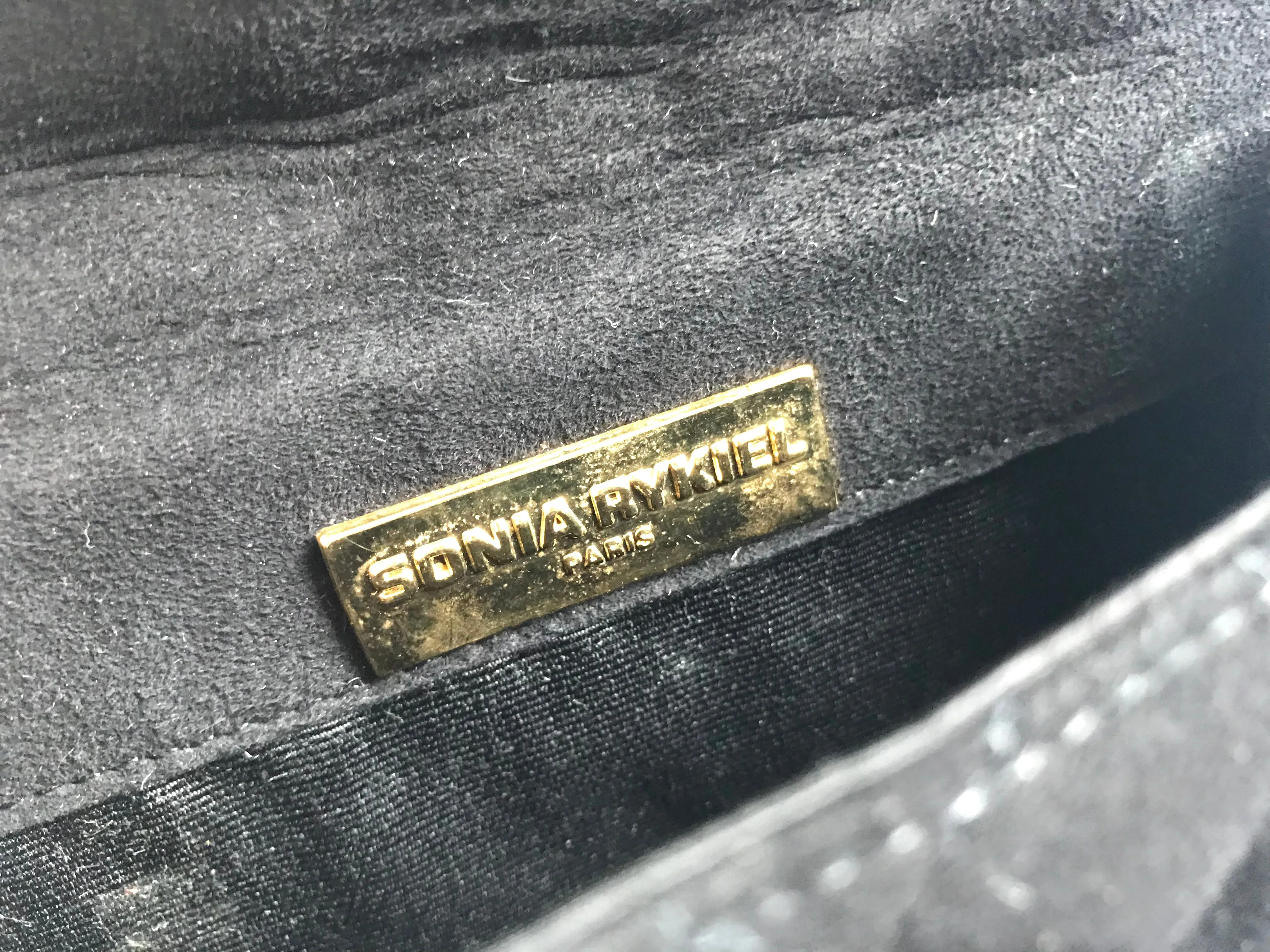 Vintage Sonia Rykiel black suede leather purse with golden logo brass. Quilted suede bag. 0404254
