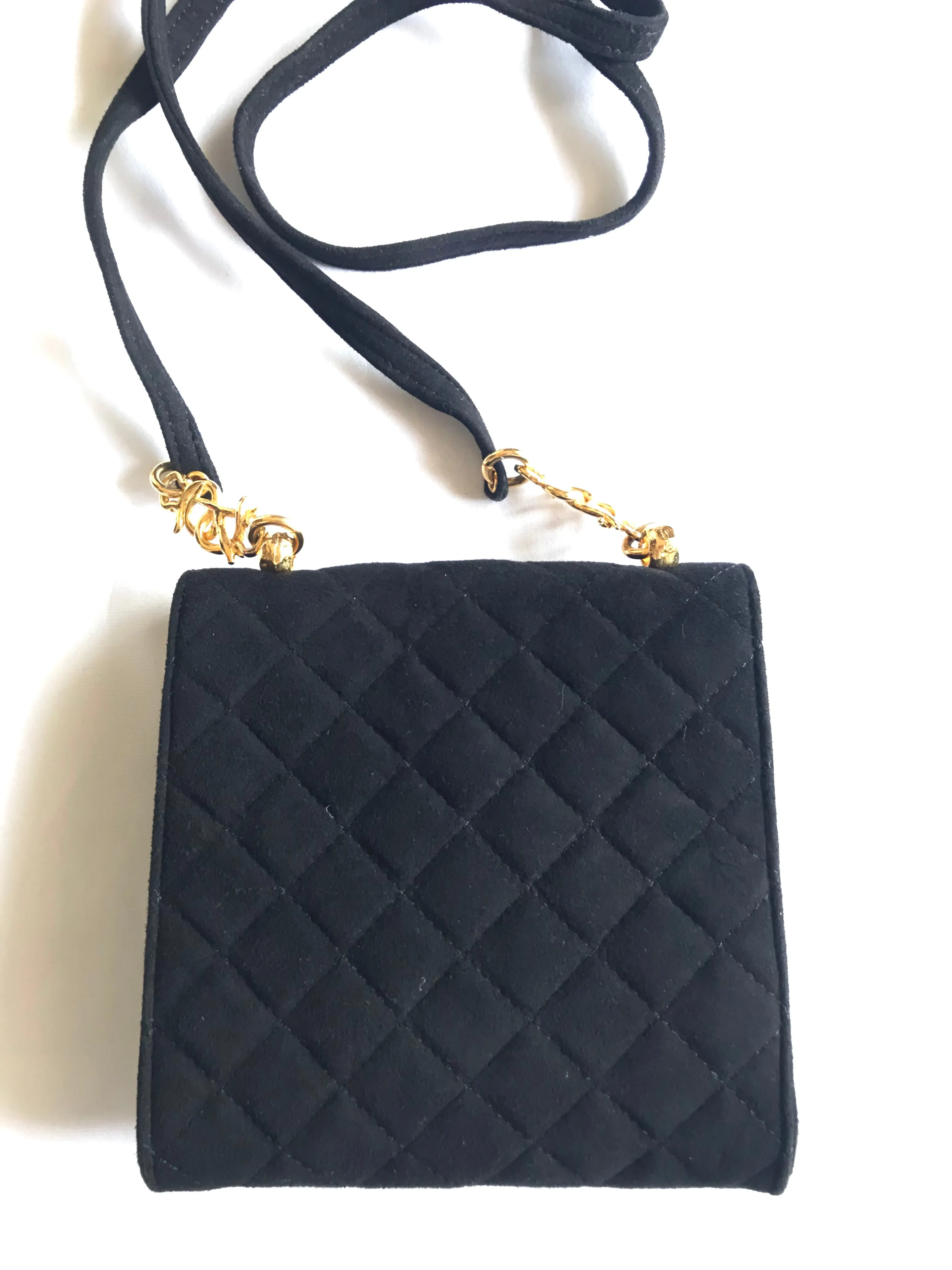 Vintage Sonia Rykiel black suede leather purse with golden logo brass. Quilted suede bag. 0404254