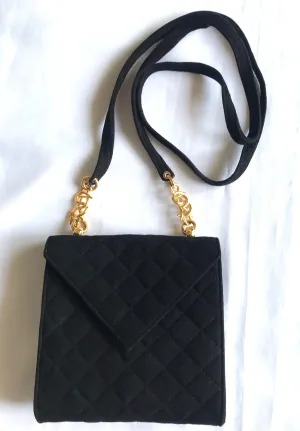 Vintage Sonia Rykiel black suede leather purse with golden logo brass. Quilted suede bag. 0404254