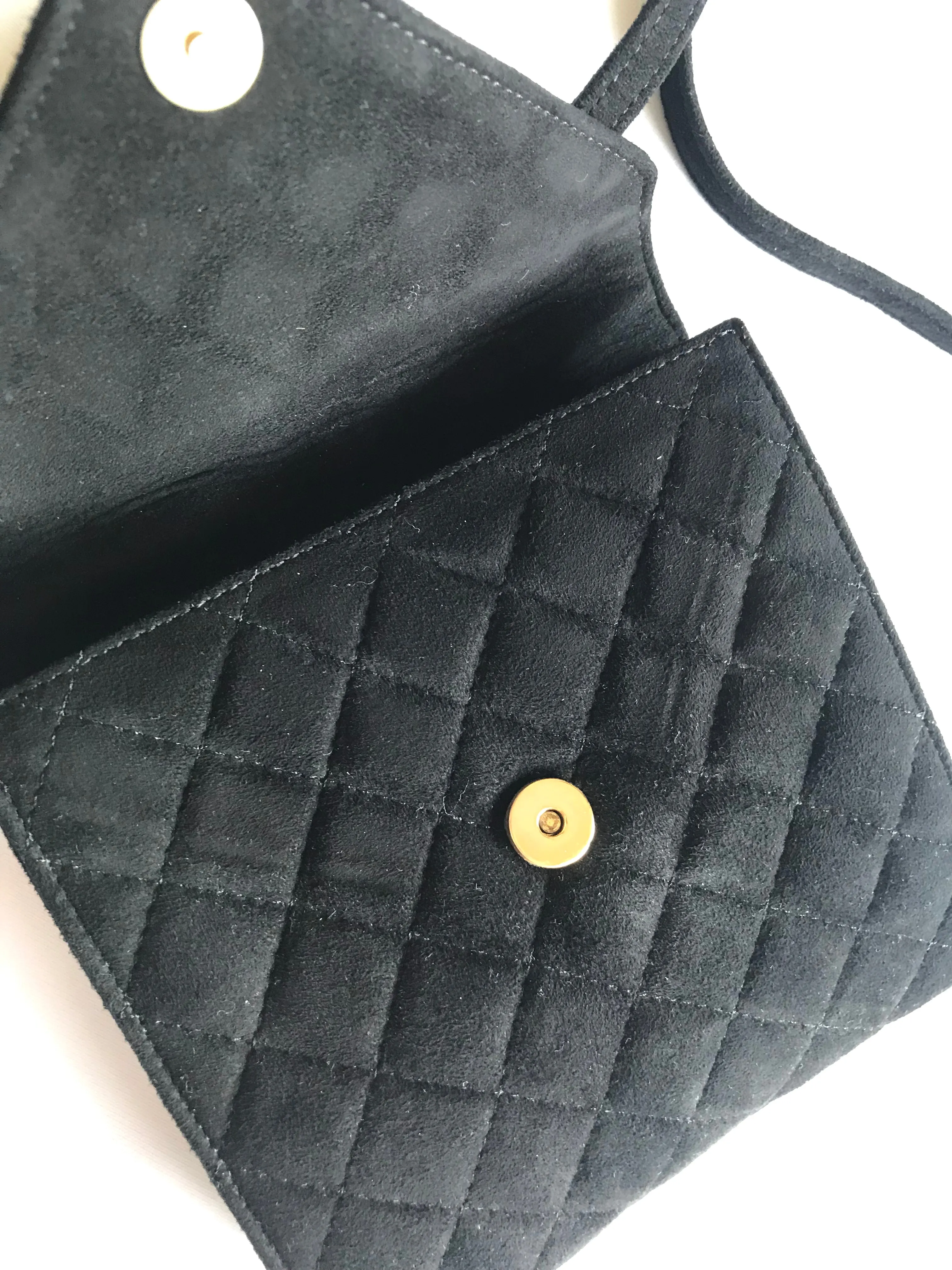 Vintage Sonia Rykiel black suede leather purse with golden logo brass. Quilted suede bag. 0404254